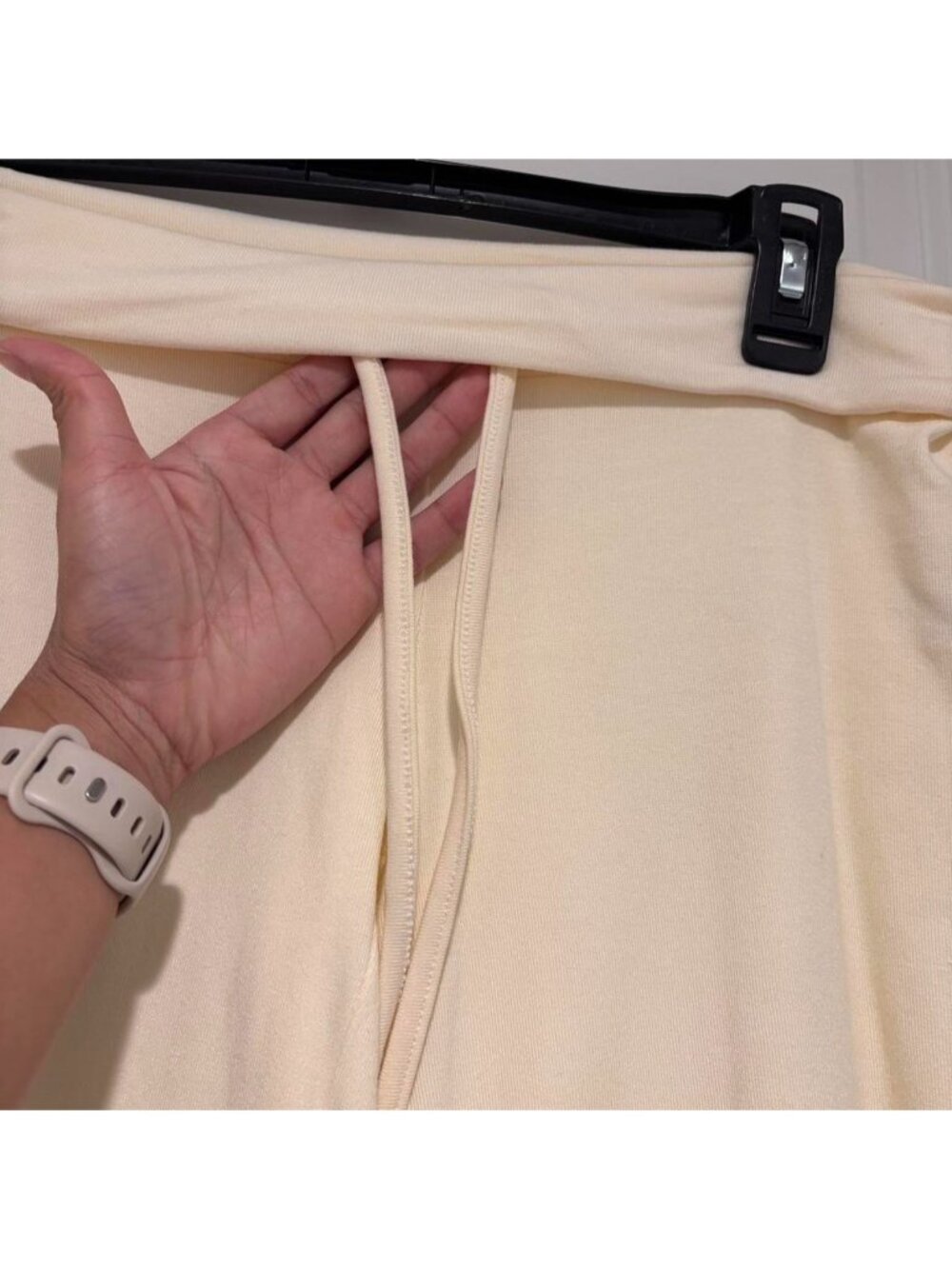 Cream foldover flare wide leg pants with adjustable waist